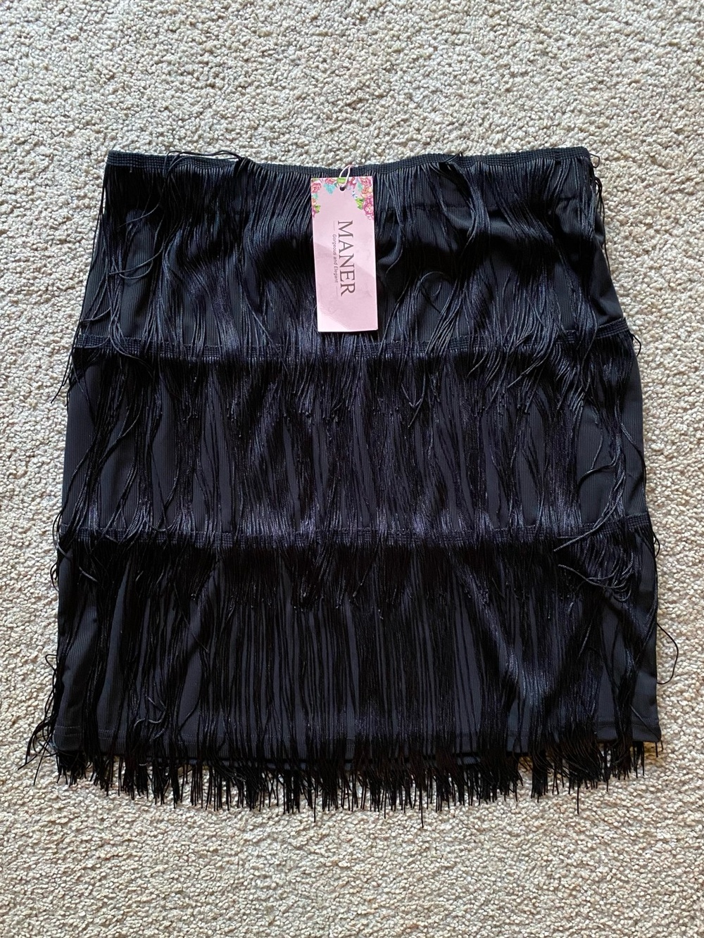 NWT MANER Black Tiered Fringe Flapper Mini Skirt Large